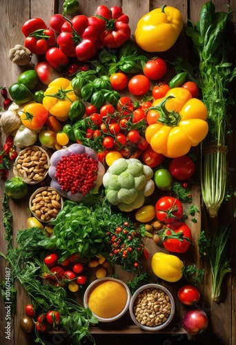 vibrant display fresh plant based ingredients arranged neatly rustic wooden kitchen table culinary inspiration, vegetables, greens, herbs, tomatoes, peppers