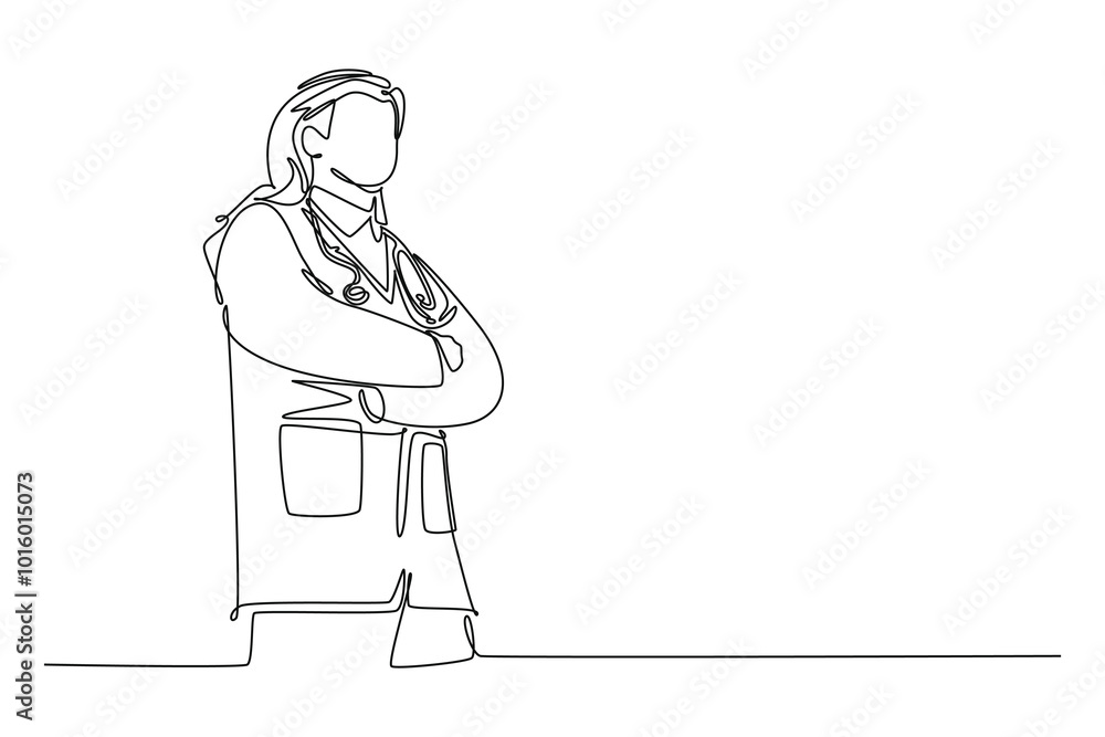 Obraz premium Continuous one line drawing smart male Arabian doctor standing with folded hands gesture at hospital. Medical health care humanity service concept. Single line draw design vector graphic illustration