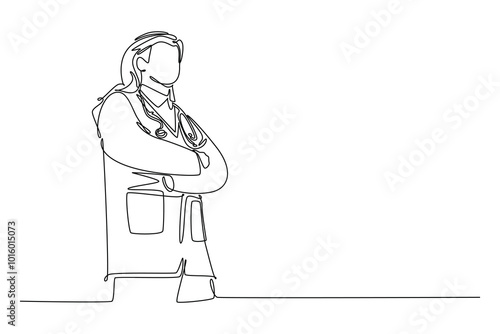 Continuous one line drawing smart male Arabian doctor standing with folded hands gesture at hospital. Medical health care humanity service concept. Single line draw design vector graphic illustration