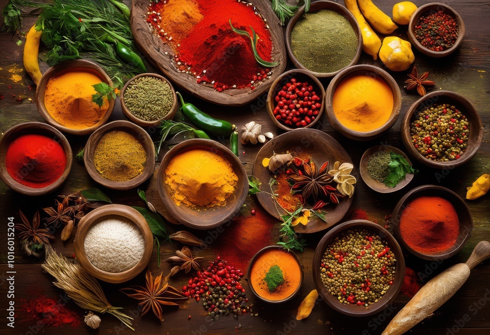 vibrant display various spices fresh ingredients artfully spread across rustic tabletop, aroma, color, herb, seasoning, variety, mixture, freshness vibrant display various spices fresh ingredients artfully spread across rustic tabletop, aroma, color, herb, seasoning, variety, mixture, freshness