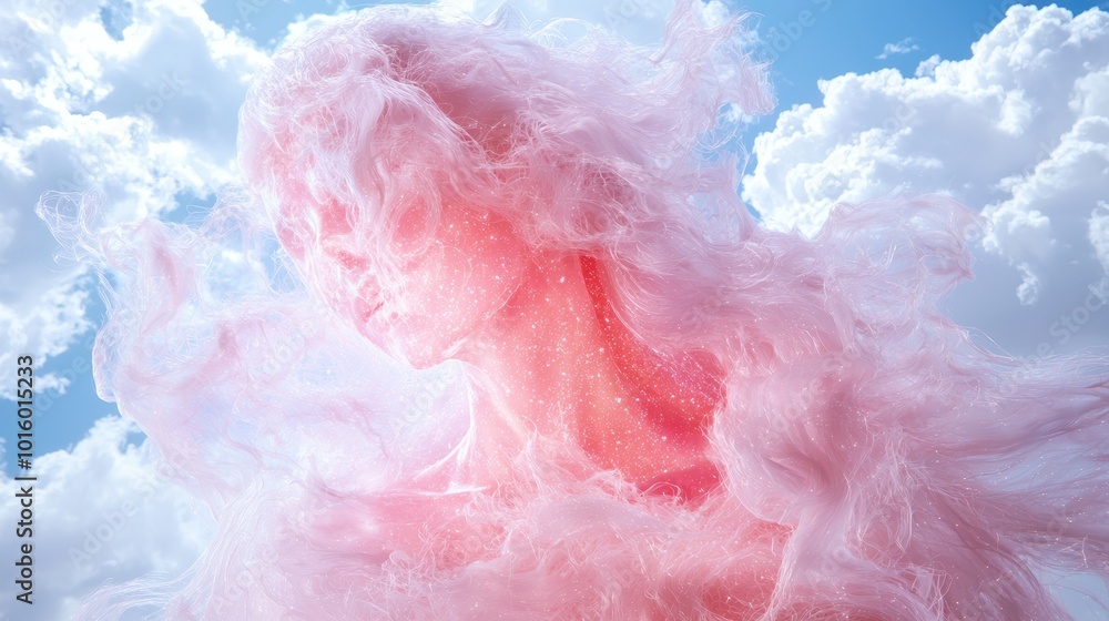 Fototapeta premium Ethereal pink cloud-like texture against blue sky