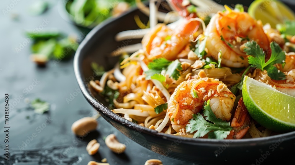 Close-up of Pad Thai Noodles with Shrimp, Peanuts, and Cilantro in a Black Bowl Close-up of Pad Thai Noodles with Shrimp, Peanuts, and Cilantro in a Black Bowl