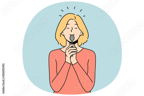 Smiling girl licking spoon after tasty food or dessert. Happy woman with cutlery after tasting or eating. Vector illustration.