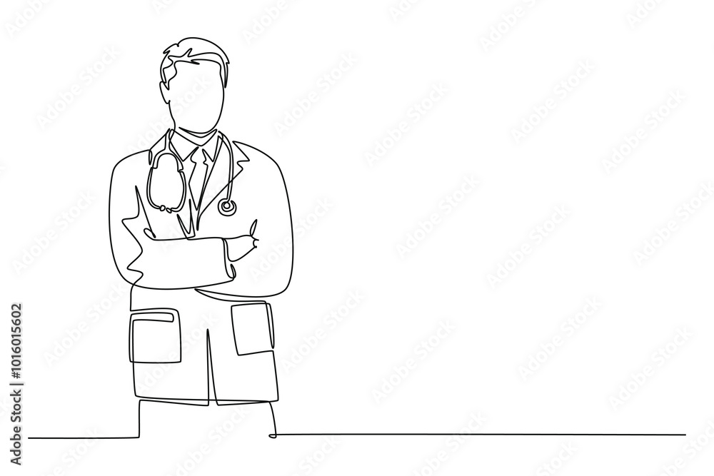 Continuous one line drawing smart handsome male doctor standing with folded hands gesture at hospital. Medical health care service workers concept. Single line draw design vector graphic illustration Continuous one line drawing smart handsome male doctor standing with folded hands gesture at hospital. Medical health care service workers concept. Single line draw design vector graphic illustration