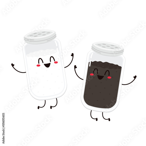 Salt and Pepper shaker vector. Cute cartoon salt and pepper shaker couple with smiling faces. Kawaii characters drawing vector.