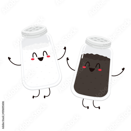 Salt and Pepper shaker vector. Cute cartoon salt and pepper shaker couple with smiling faces. Kawaii characters drawing vector.