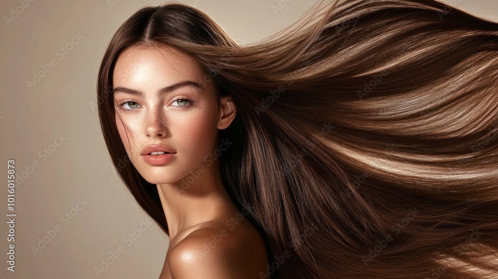 Fototapeta premium A young model posing with sleek, long brown hair that glows with health and shine. The smooth, straight texture of her hair reflects the light beautifully, creating a polished and glamorous look