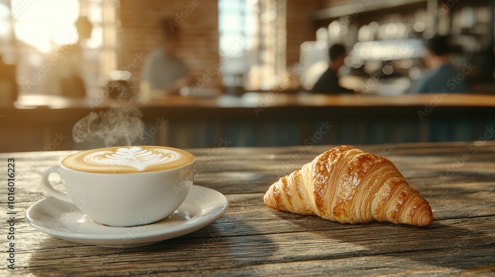 Cozy coffee shop scene with hot latte and fresh croissant Cozy coffee shop scene with hot latte and fresh croissant