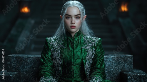 Elegant elf-like woman in green velvet outfit