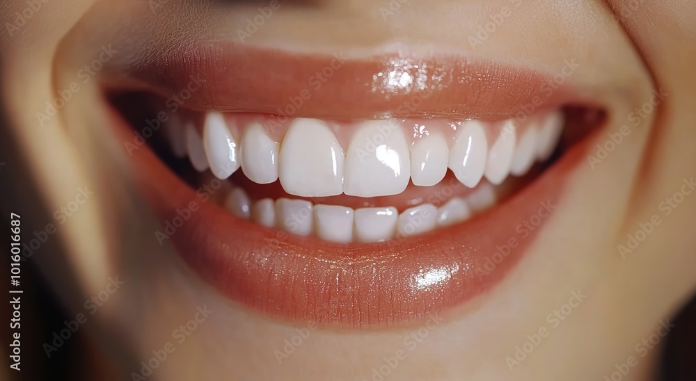 Obraz premium Close-up of perfect white teeth with natural lips, close-up of a healthy smile on a beautiful female face. 