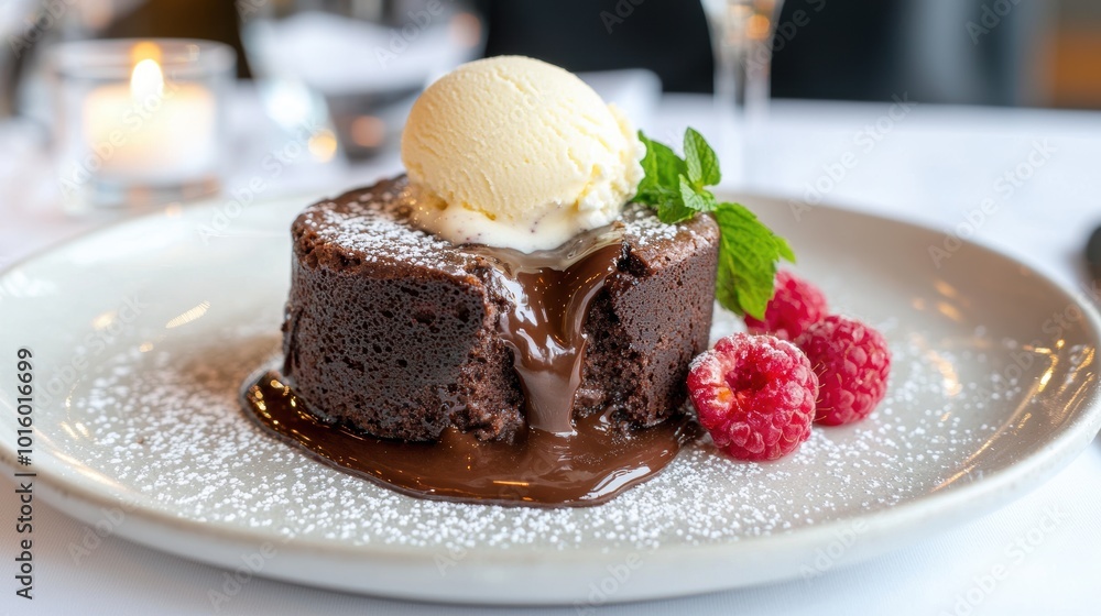 Decadent chocolate lava cake with vanilla ice cream and fresh raspberries Decadent chocolate lava cake with vanilla ice cream and fresh raspberries