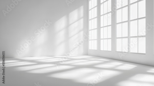 Realistic and minimalist blurred natural light windows, with shadow overlay on wallpaper texture. Abstract background. Minimal abstract light white background for product presentation