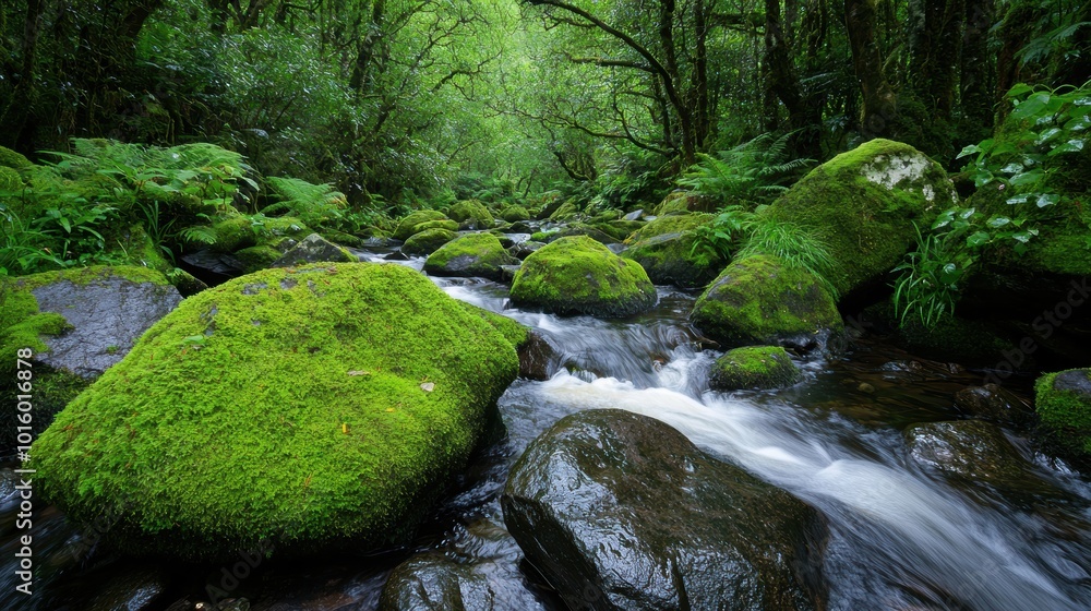Lush green forest with flowing stream and mossy rocks Lush green forest with flowing stream and mossy rocks