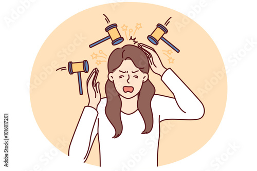 Upset woman experiencing headache standing among hammers symbolizing buzzing in ears or noise from neighbors. girl suffers from headache and needs medicines for migraine and other diseases