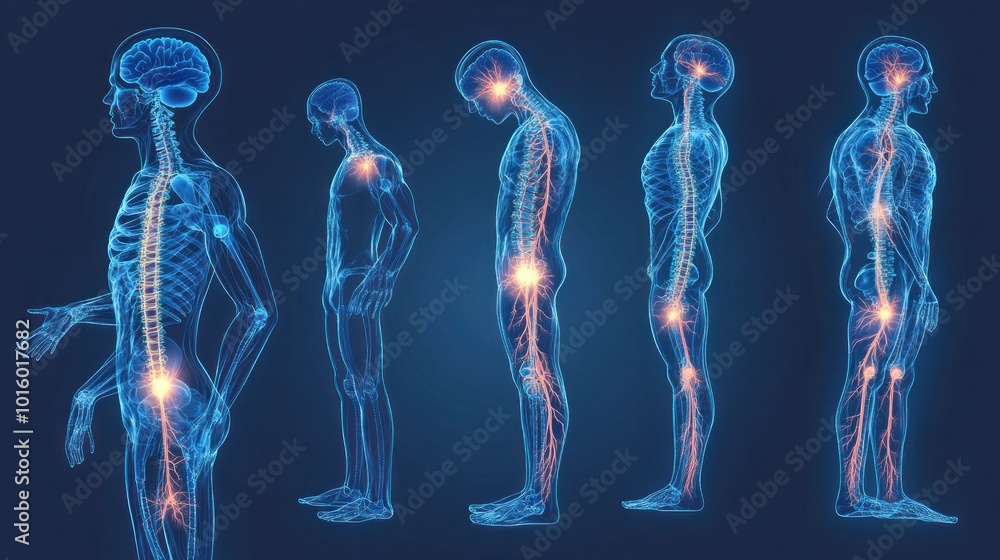 A medical representation of nervous system disorders, highlighting conditions like multiple sclerosis and Parkinson's disease, and their impact on nerve function. A medical representation of nervous system disorders, highlighting conditions like multiple sclerosis and Parkinson's disease, and their impact on nerve function.
