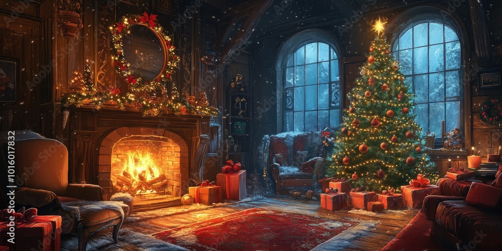 interior Christmas. magic glowing tree, whit background interior Christmas. magic glowing tree, whit background