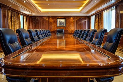 A formal corporate meeting room featuring a long table, executive chairs, and polished wood decor for high-level discussions. photo