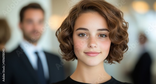 portrait of a young woman with curly brown hair