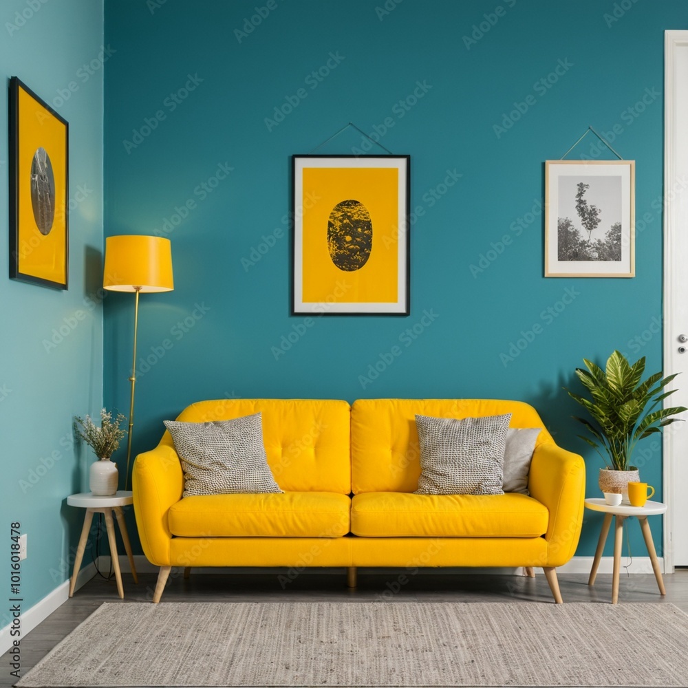 Vibrant yellow sofa and chair near teal wall with poster frame. Scandinavian interior design of modern living room. Vibrant yellow sofa and chair near teal wall with poster frame. Scandinavian interior design of modern living room.