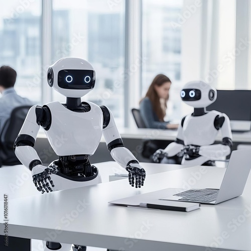 Advanced AI robots, collaborating with humans, modern tech startup office photo