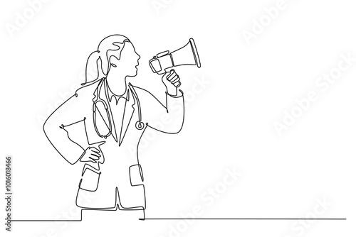 Single one line drawing female doctor announced important information to the patient using loudspeaker megaphone. Medical health worker concept. Continuous line draw design graphic vector illustration