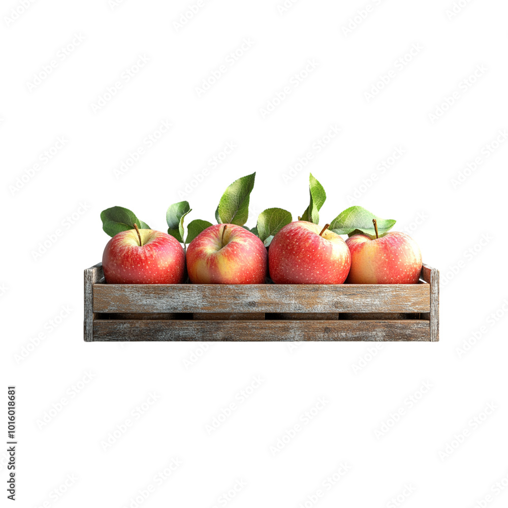 Red apples in a wooden box isolated on white, transparent background. Apple harvest. Red apples in a wooden box isolated on white, transparent background. Apple harvest.