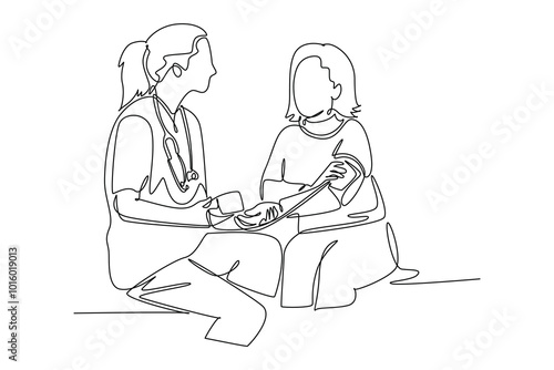 Single one line drawing of female doctor checking patient pulse rate and blood tension using tensiometer. Medical health care treatment concept. Continuous line draw design graphic vector illustration