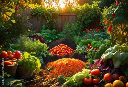 vibrant compost heap overflowing colorful vegetable scraps capturing essence eco friendly living sustainable gardening, organic, waste, sustainability photo