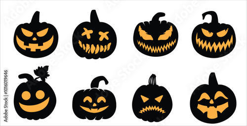 Halloween pumpkin head collection. Pumpkin with evil face. Halloween pumpkins with smirk smile. Vector stock illustration for sticker, wall decor, hanging door decoration.
