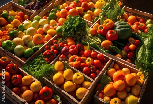 colorful arrangement fresh fruits vegetables neatly organized donation crates displaying abundance variety, array, assortment, boxes, bounty, bright, charity