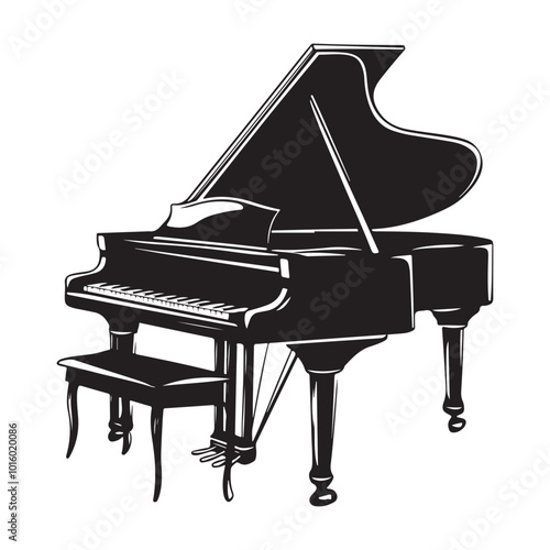 Stylized black and white illustration of a grand piano, a grand piano shape