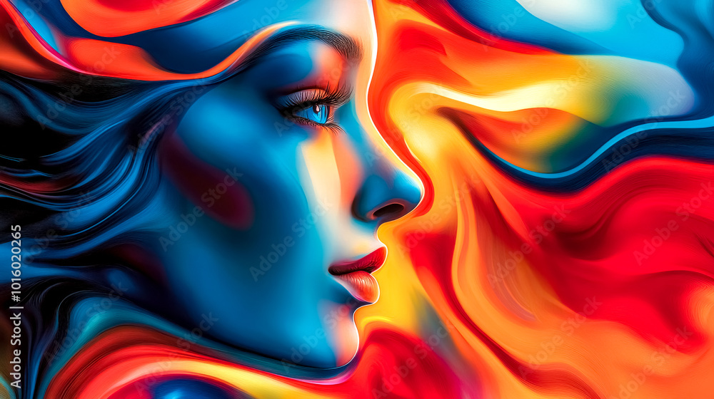 Woman face emerging from colorful swirls abstract background Woman face emerging from colorful swirls abstract background