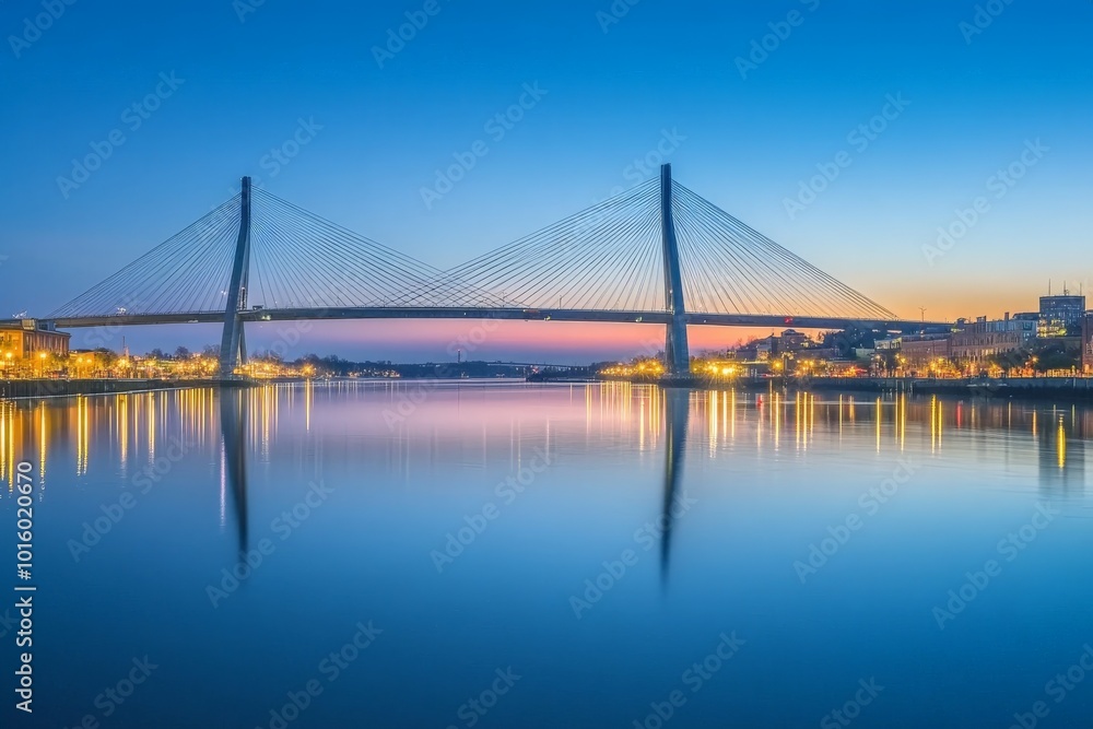 A stunning cable-stayed bridge spans a calm body of water, its elegant structure silhouetted against the dusk sky, perfectly mirrored in the water's reflection. A stunning cable-stayed bridge spans a calm body of water, its elegant structure silhouetted against the dusk sky, perfectly mirrored in the water's reflection.