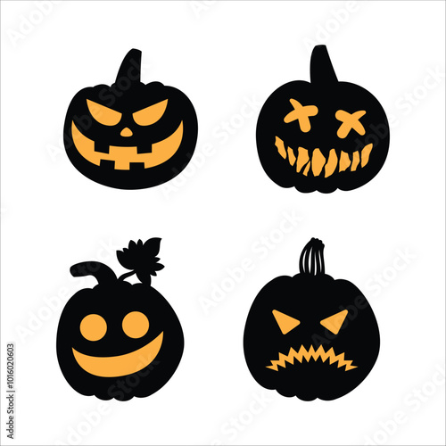 Halloween pumpkin head collection. Pumpkin with evil face. Halloween pumpkins with smirk smile. Vector stock illustration for sticker, wall decor, hanging door decoration.