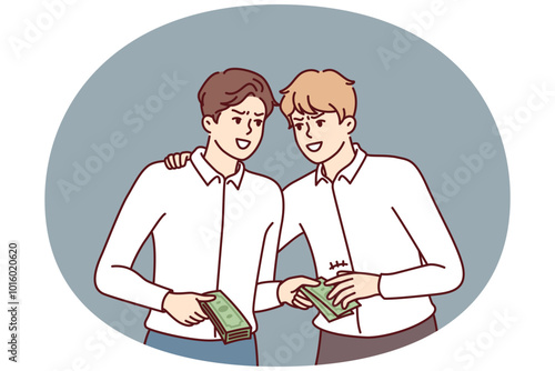 Business man bailing out cash to guy for buying insider information or business secrets of competitors. Concept of corrupt deal or lobbying with bribery of civil servants or checking inspectors