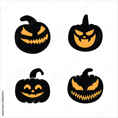 Halloween pumpkin head collection. Pumpkin with evil face. Halloween pumpkins with smirk smile. Vector stock illustration for sticker, wall decor, hanging door decoration.