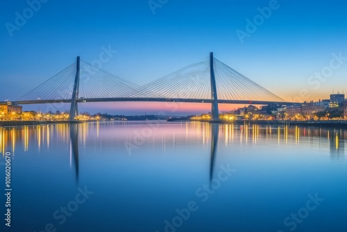 A stunning cable-stayed bridge spans a calm body of water, its elegant structure silhouetted against the dusk sky, perfectly mirrored in the water's reflection.