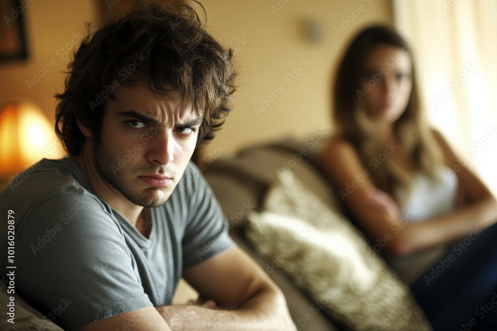 A couple sits on a couch, the man displaying an upset expression, while the woman looks on, suggesting a tense conversation or disagreement between them. A couple sits on a couch, the man displaying an upset expression, while the woman looks on, suggesting a tense conversation or disagreement between them.