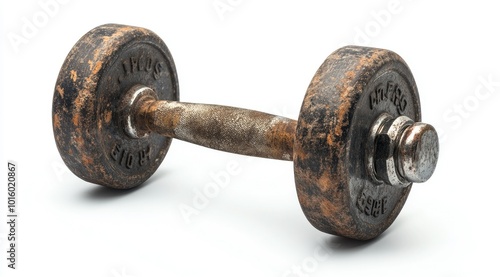 Isolated from background, old heavy beaten gym dumbbell hand weights with rubber surface. Sports, fitness, bodybuilding, wellbeing and weight lifting related isolated background