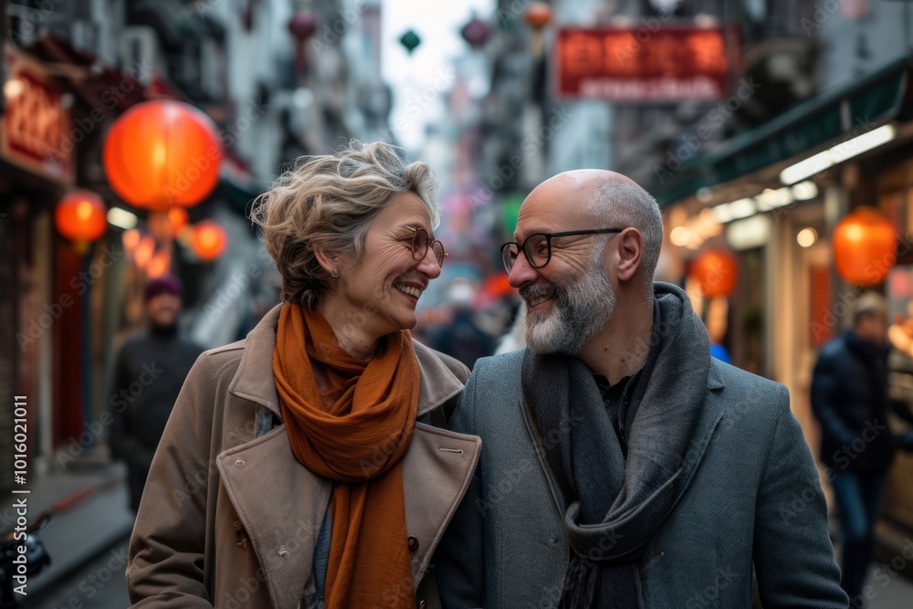 Mature couple walking in the street of Chinatown in New York City. Mature couple walking in the street of Chinatown in New York City.