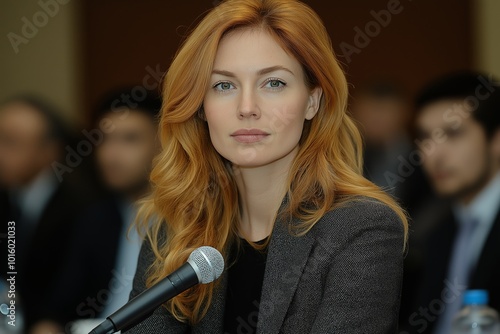 Woman with blonde hair is sitting in front of a microphone. She is wearing a gray jacket and black shirt. a beautiful elegant lady handling a microphone a conference