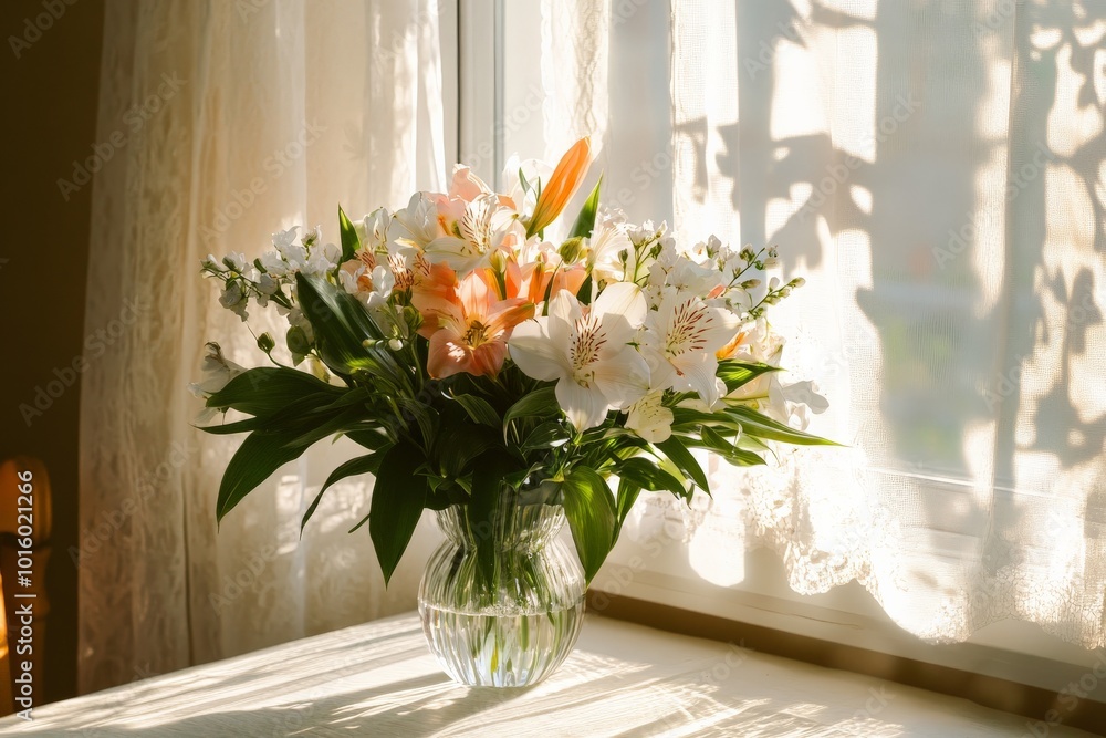 A vibrant bouquet of lilies and assorted flowers sits elegantly in a glass vase, illuminated by the sun's rays passing through a lace-curtained window, casting soft shadows. A vibrant bouquet of lilies and assorted flowers sits elegantly in a glass vase, illuminated by the sun's rays passing through a lace-curtained window, casting soft shadows.