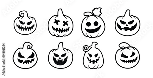 Halloween pumpkin head. Pumpkin with evil face. Halloween pumpkins with smirk smile. Vector stock illustration outline style for sticker, wall decor, hanging door decoration.