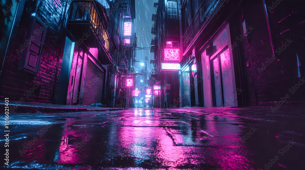 Obraz premium Explore the neon noir metropolis alive with vibrant colors and reflections, where crime lurks in dark alleys illuminated by glowing signs and rain-soaked streets