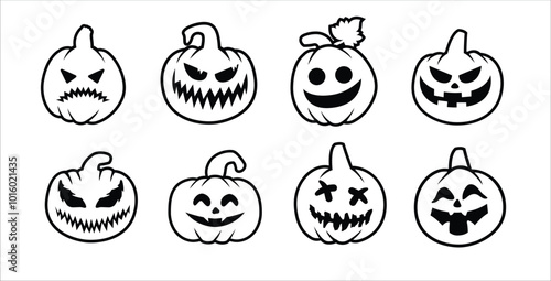 Halloween pumpkin head. Pumpkin with evil face. Halloween pumpkins with smirk smile. Vector stock illustration outline style for sticker, wall decor, hanging door decoration.