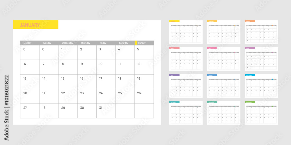 Calendar 2025 week start Monday 12 month color corporate design template vector. Calendar 2025 week start Monday 12 month color corporate design template vector.