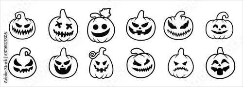 Halloween pumpkin head. Pumpkin with evil face. Halloween pumpkins with smirk smile. Vector stock illustration outline style for sticker, wall decor, hanging door decoration.