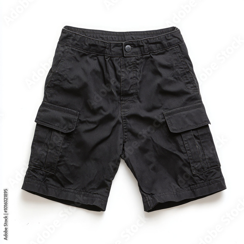 photo catalog mockup black worn cargo shorts on white background, Ai generated images photo