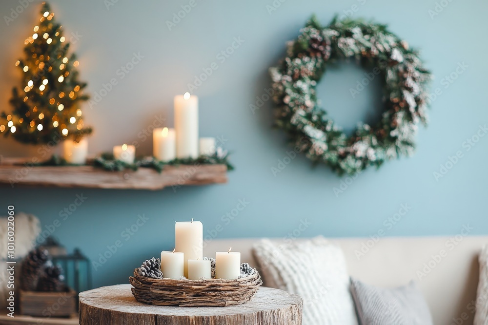 A modern living room showcases a festive Christmas wreath, a variety of candles, and a small Christmas tree, providing a cozy and contemporary holiday vibe. A modern living room showcases a festive Christmas wreath, a variety of candles, and a small Christmas tree, providing a cozy and contemporary holiday vibe.