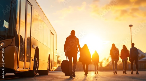 People Walking Away from Bus at Sunset